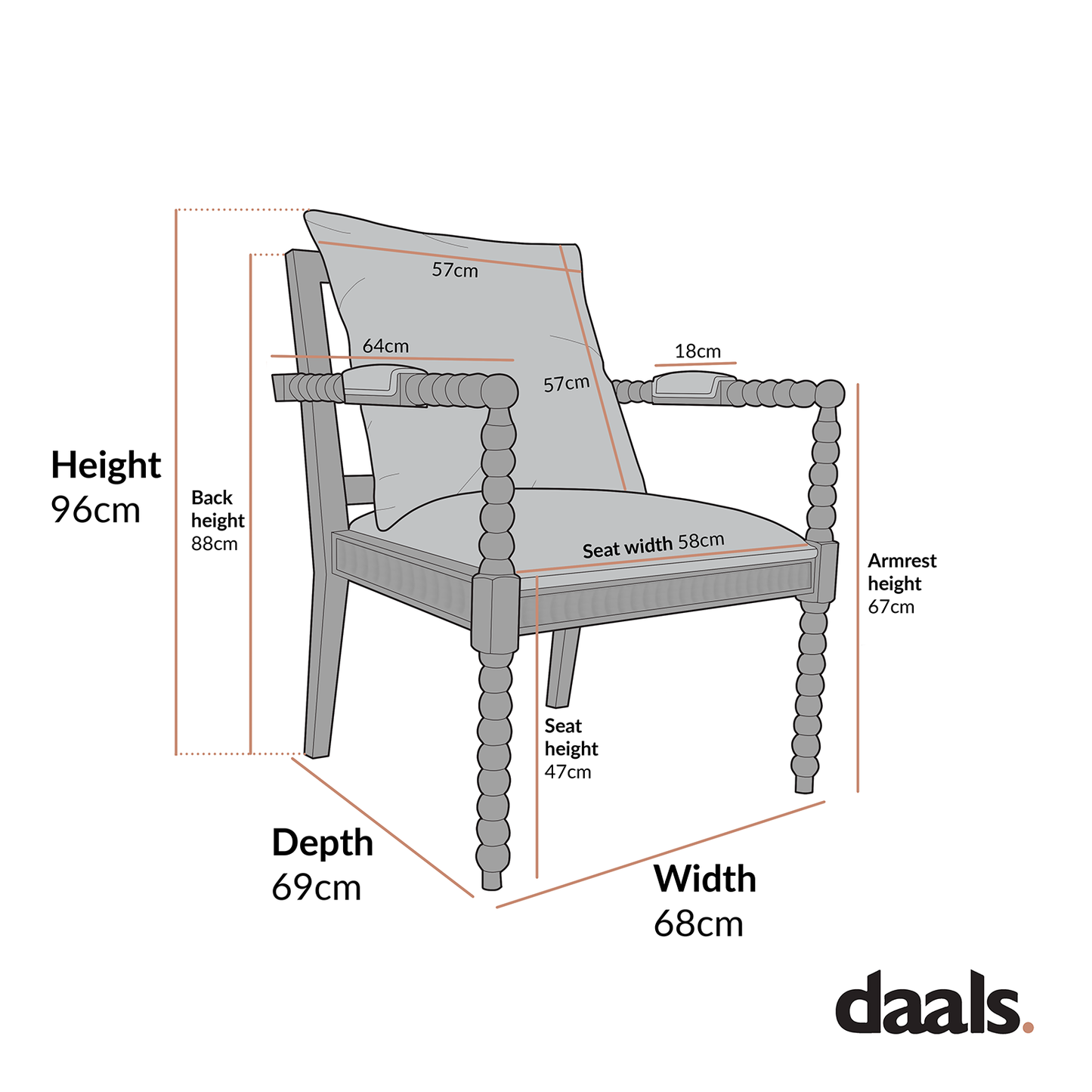 Fauteuil Hemingford en chêne lavé aux bobines, tissu texturé beige