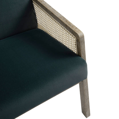 Fauteuil en rotin Fyne Aegean Blue Velvet avec cadre en chêne patiné