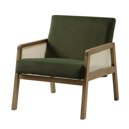 Fauteuil en rotin Fyne en velours vert mousse avec cadre en noyer clair