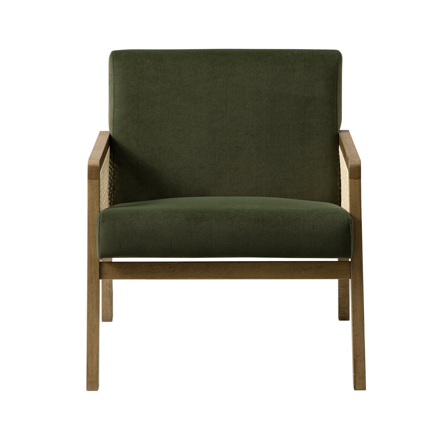 Fauteuil en rotin Fyne en velours vert mousse avec cadre en noyer clair
