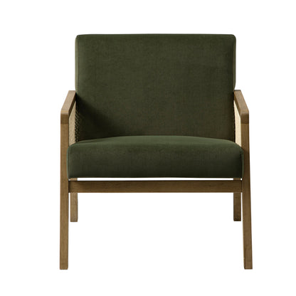 Fauteuil en rotin Fyne en velours vert mousse avec cadre en noyer clair
