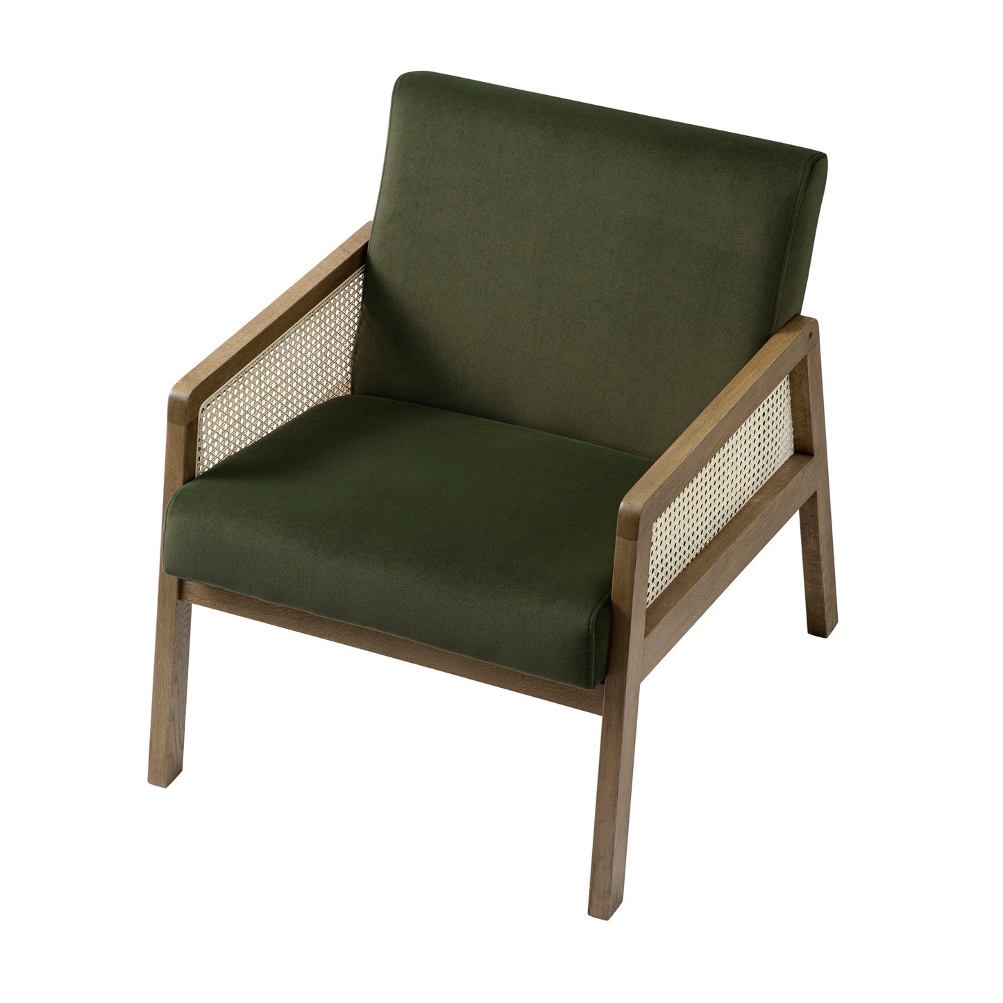 Fauteuil en rotin Fyne en velours vert mousse avec cadre en noyer clair