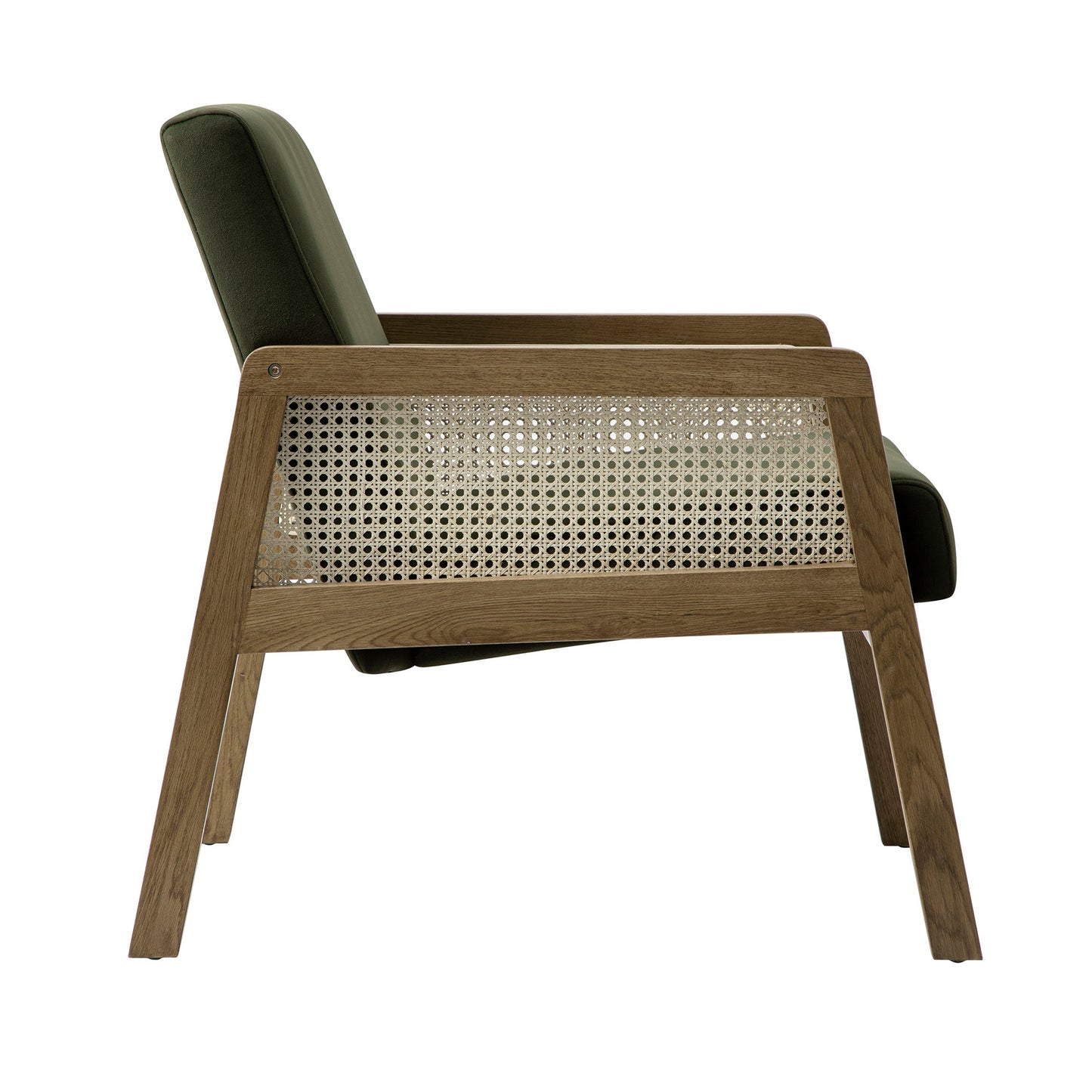 Fauteuil en rotin Fyne en velours vert mousse avec cadre en noyer clair