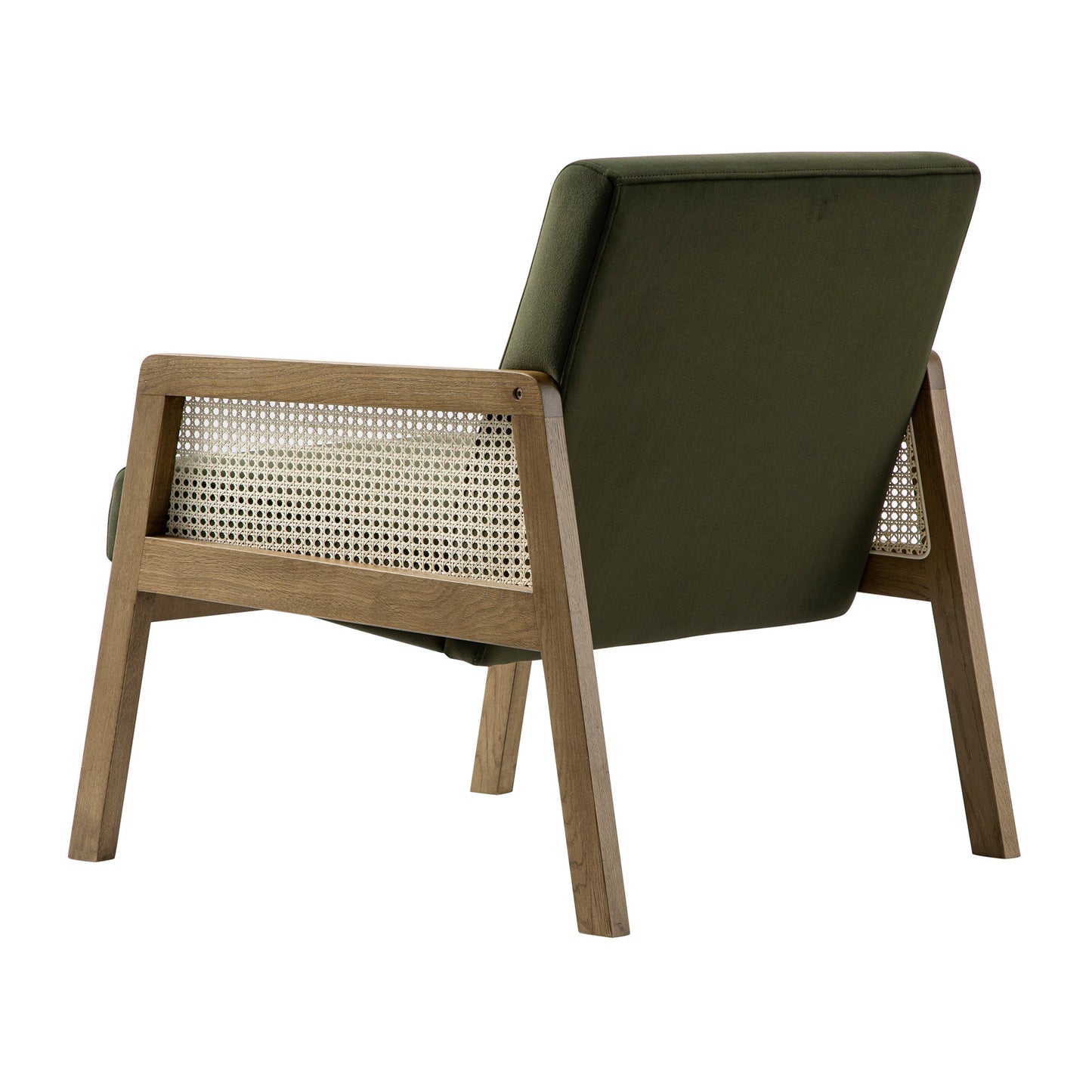 Fauteuil en rotin Fyne en velours vert mousse avec cadre en noyer clair