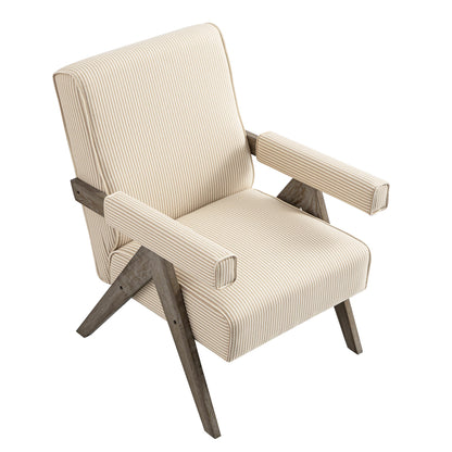 Chaise d'appoint Chinnor en mélange de lin à rayures ocre avec cadre en chêne patiné