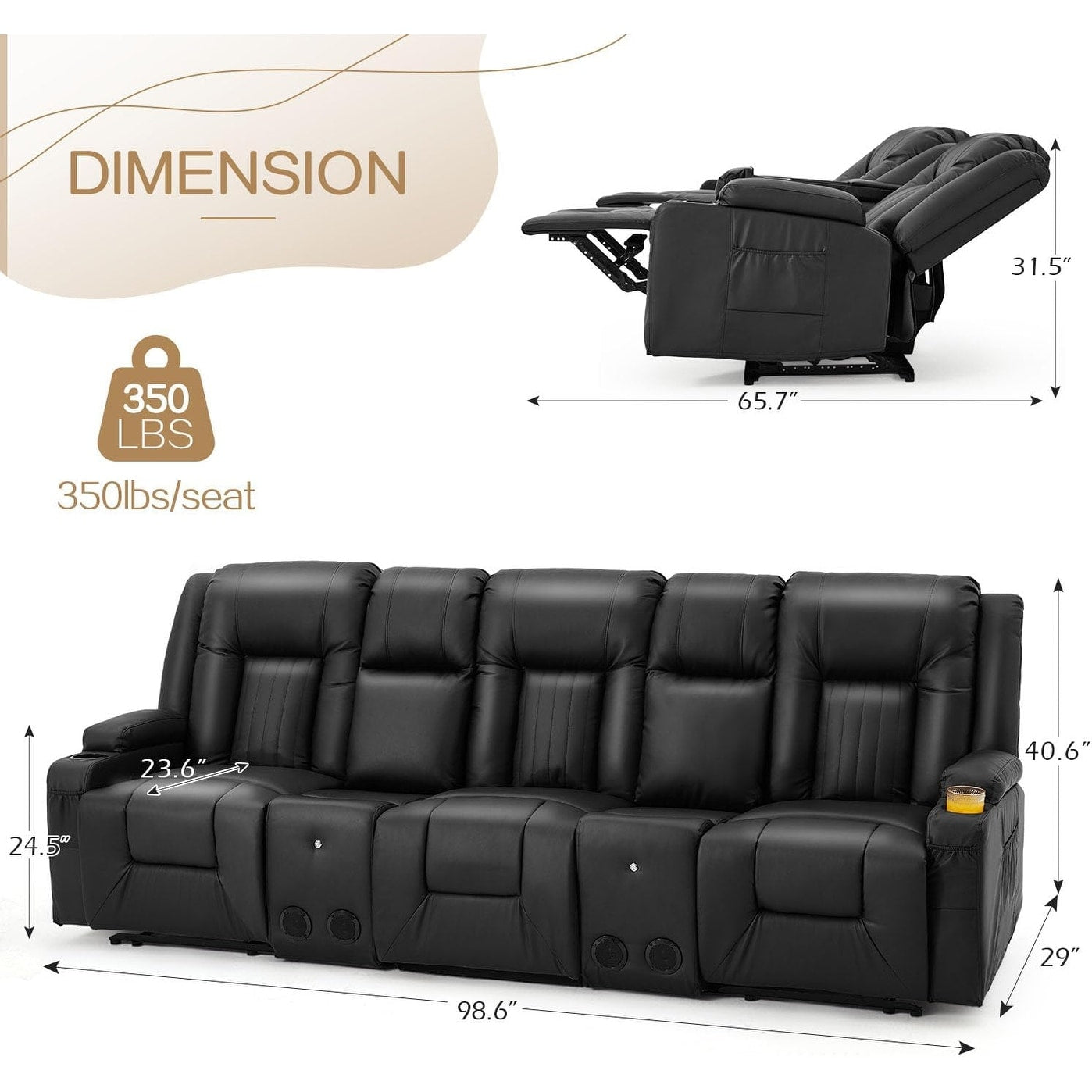 Canapé inclinable manuel AECOJOY pour camping-car, canapé inclinable en polyuréthane, sièges de cinéma maison avec console