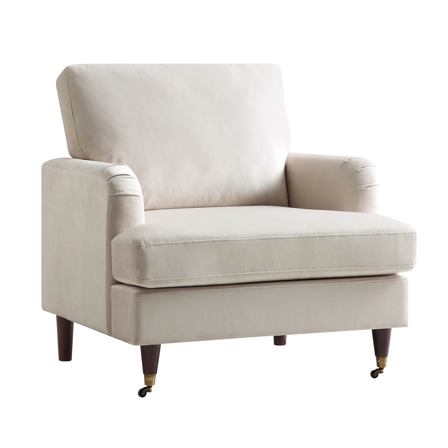 Fauteuil Brigette en velours beige avec pieds à roulettes en laiton antique
