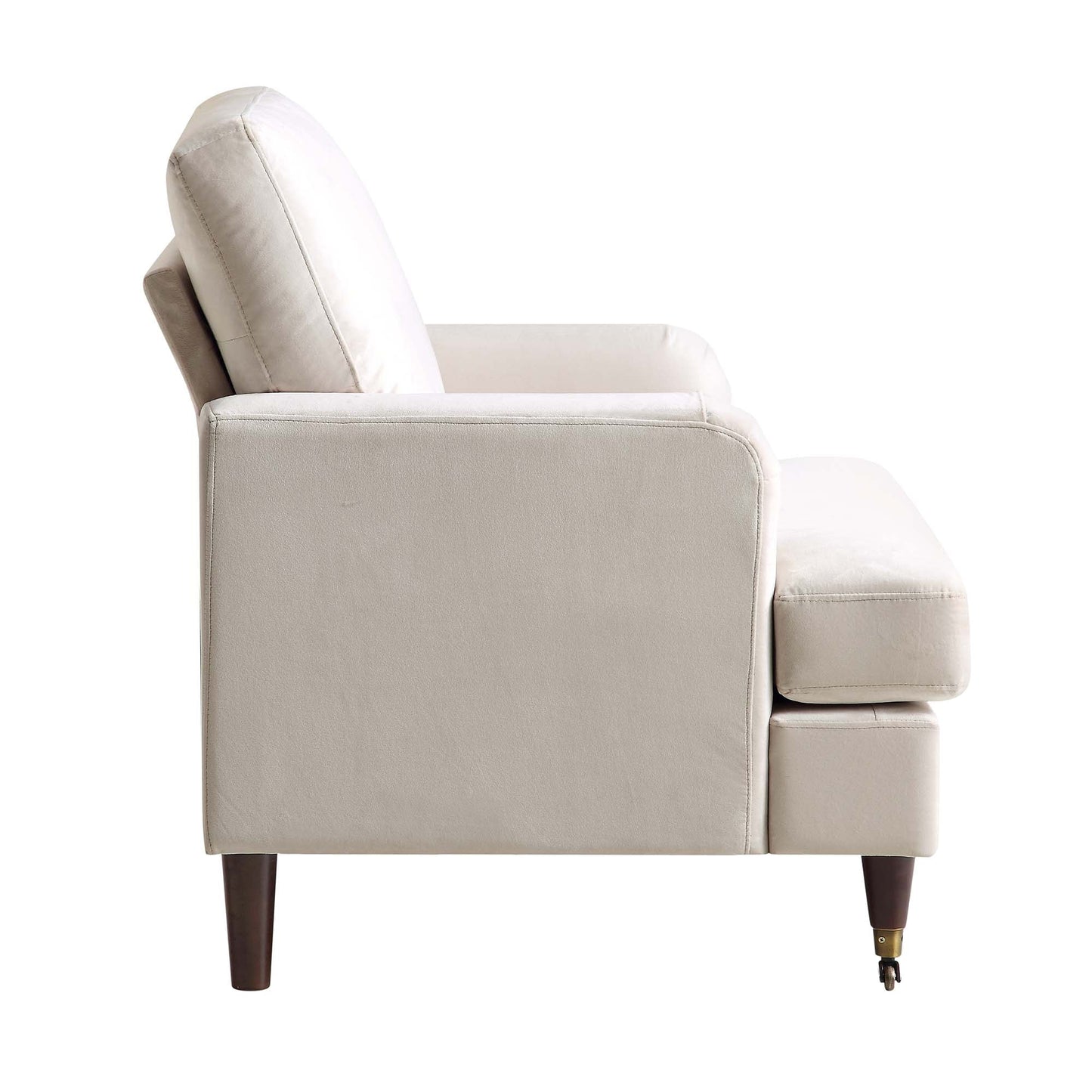 Fauteuil Brigette en velours beige avec pieds à roulettes en laiton antique