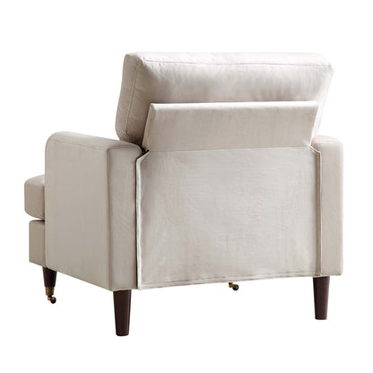 Fauteuil Brigette en velours beige avec pieds à roulettes en laiton antique
