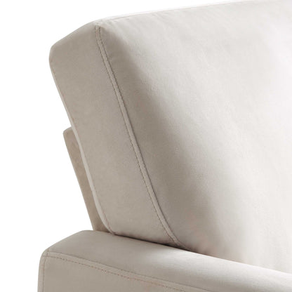 Fauteuil Brigette en velours beige avec pieds à roulettes en laiton antique