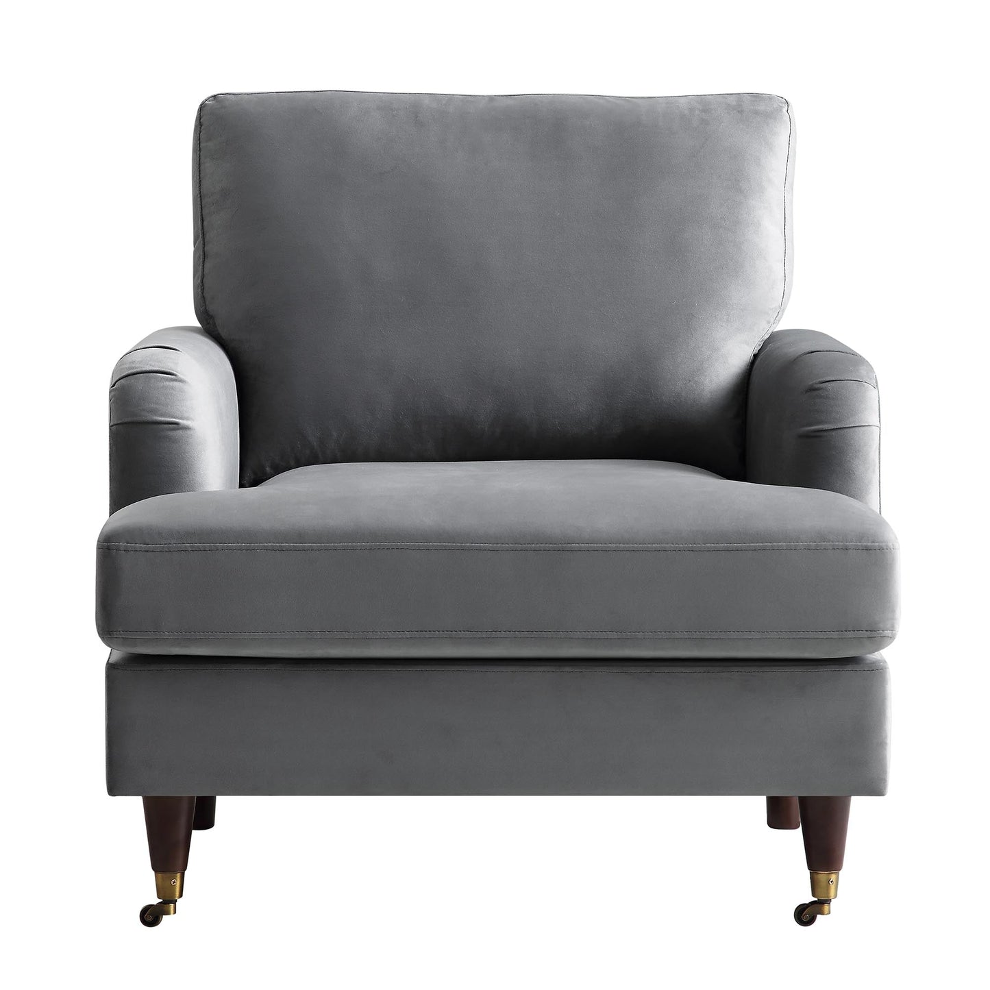 Fauteuil Brigette en velours gris avec pieds à roulettes en laiton antique