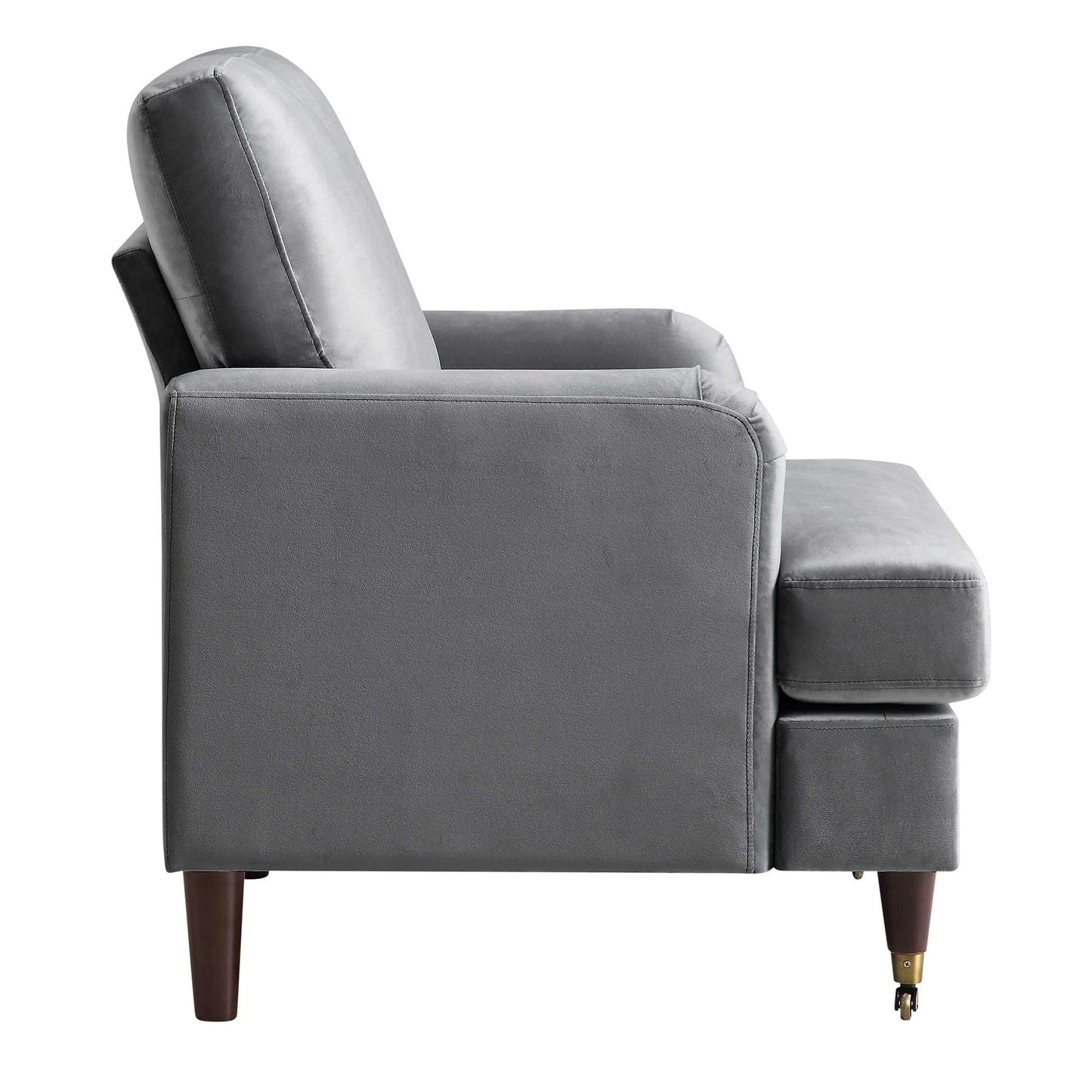 Fauteuil Brigette en velours gris avec pieds à roulettes en laiton antique