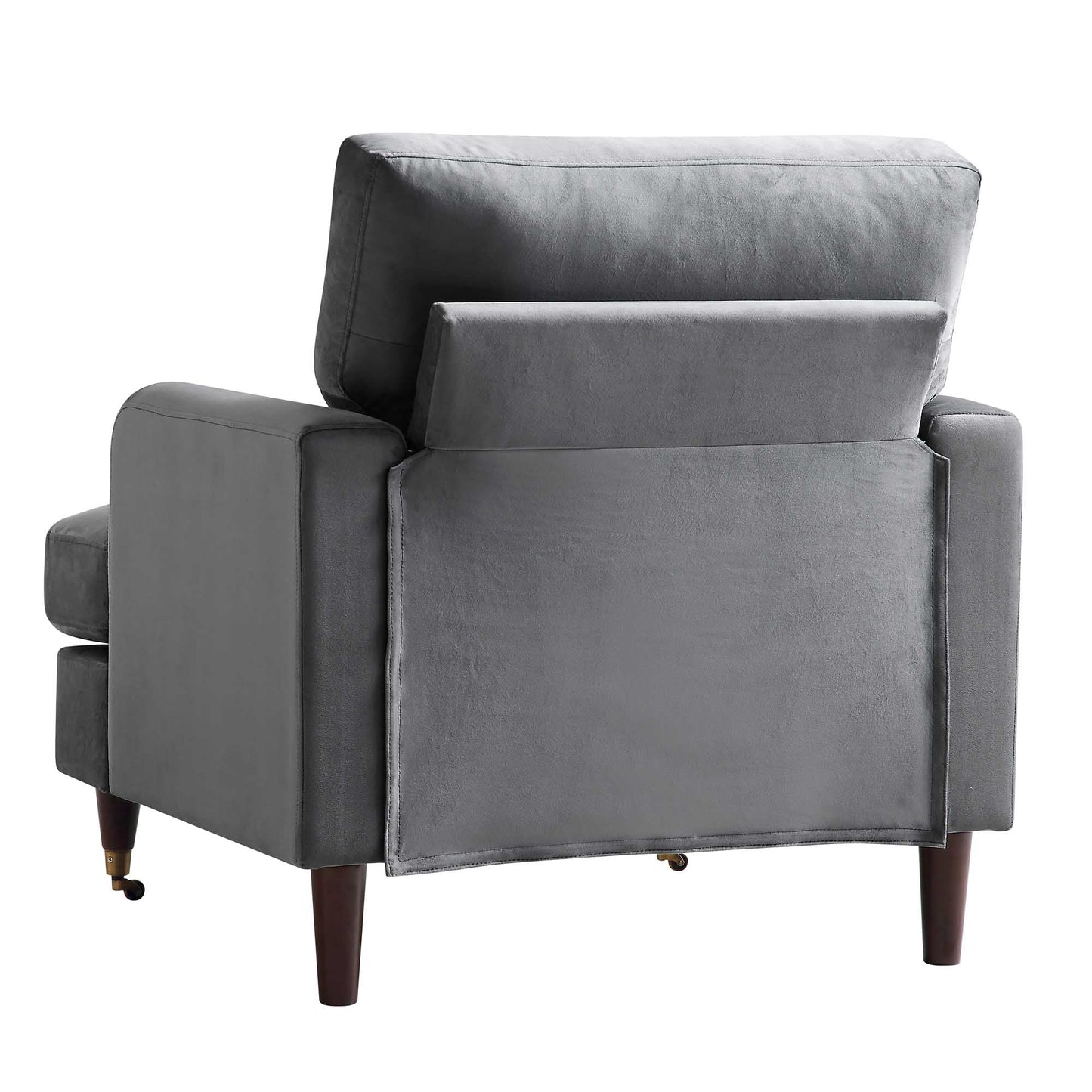 Fauteuil Brigette en velours gris avec pieds à roulettes en laiton antique