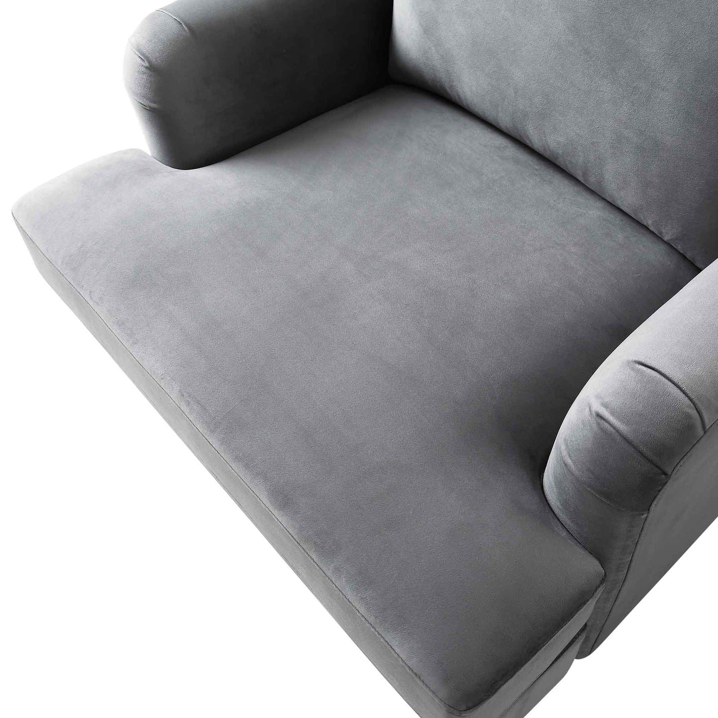 Fauteuil Brigette en velours gris avec pieds à roulettes en laiton antique