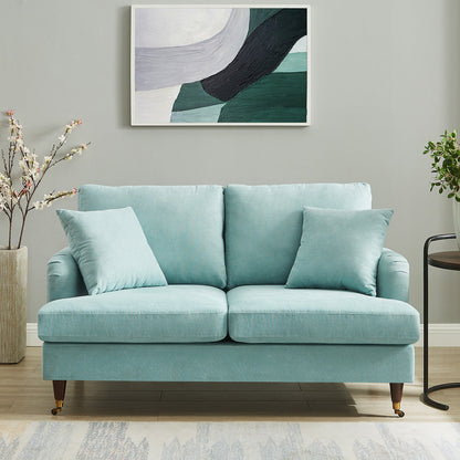 Canapé 2 places Brigette en tissu brossé doux menthe avec pieds à roulettes en laiton antique