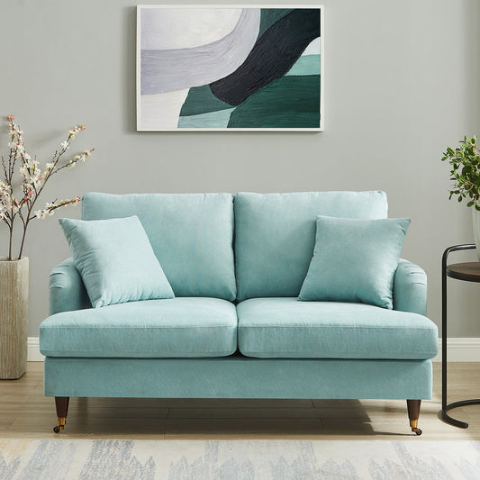 Canapé 2 places Brigette en tissu brossé doux menthe avec pieds à roulettes en laiton antique