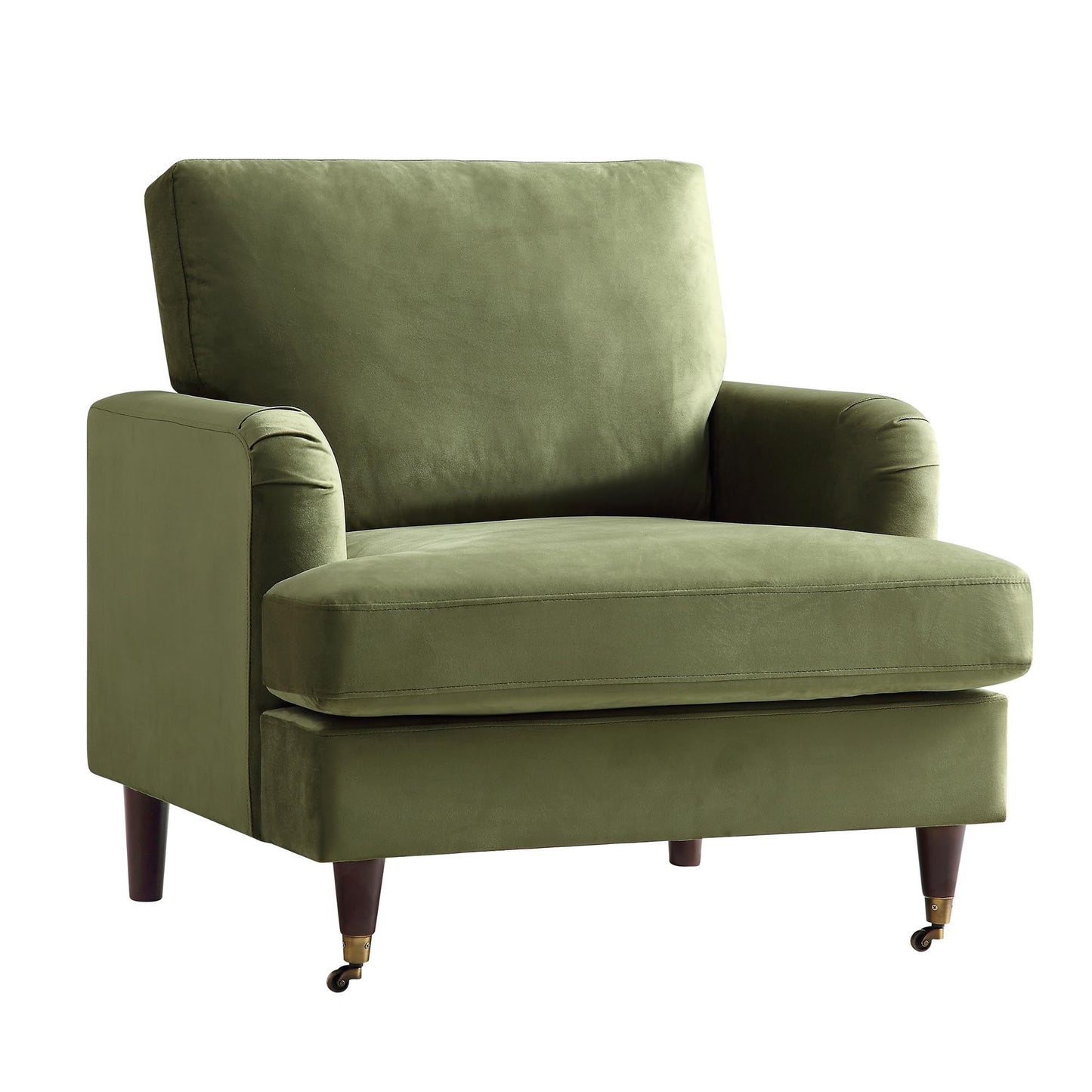 Fauteuil Brigette en velours vert olive avec pieds à roulettes en laiton antique