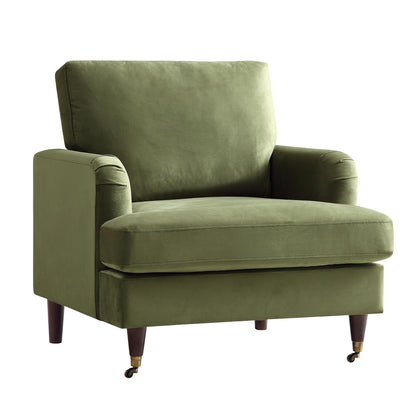 Fauteuil Brigette en velours vert olive avec pieds à roulettes en laiton antique
