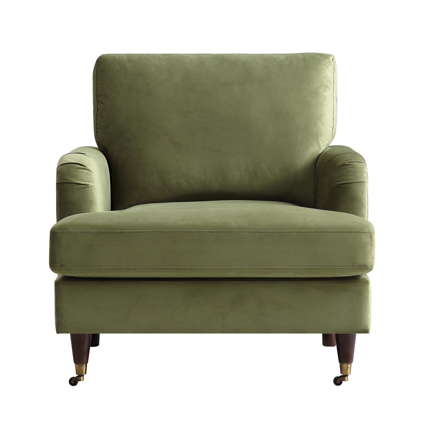 Fauteuil Brigette en velours vert olive avec pieds à roulettes en laiton antique