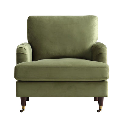 Fauteuil Brigette en velours vert olive avec pieds à roulettes en laiton antique