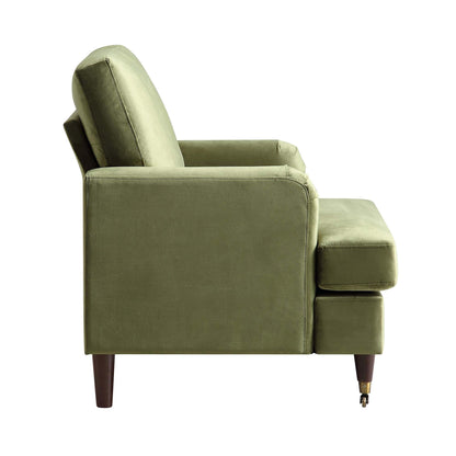 Fauteuil Brigette en velours vert olive avec pieds à roulettes en laiton antique