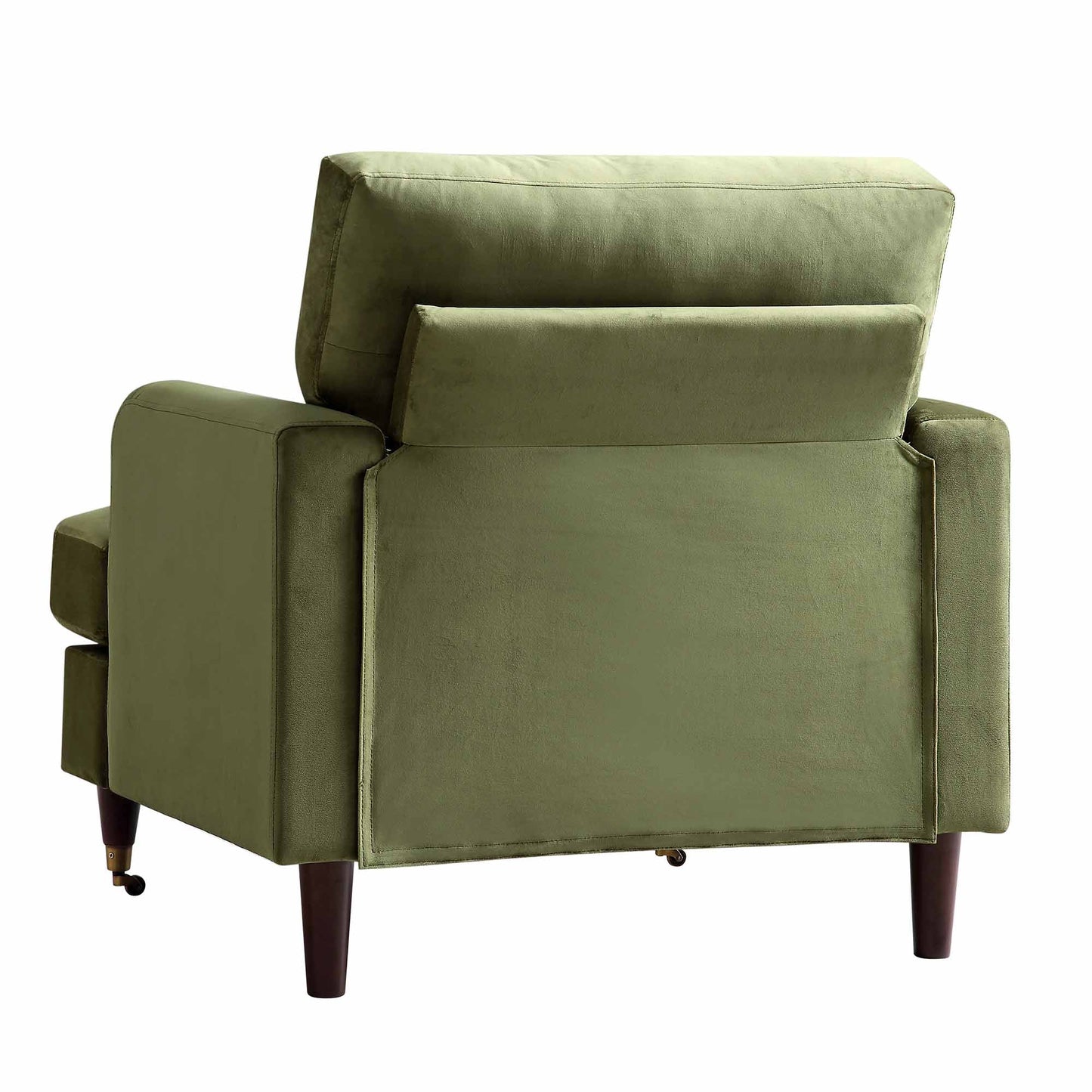 Fauteuil Brigette en velours vert olive avec pieds à roulettes en laiton antique