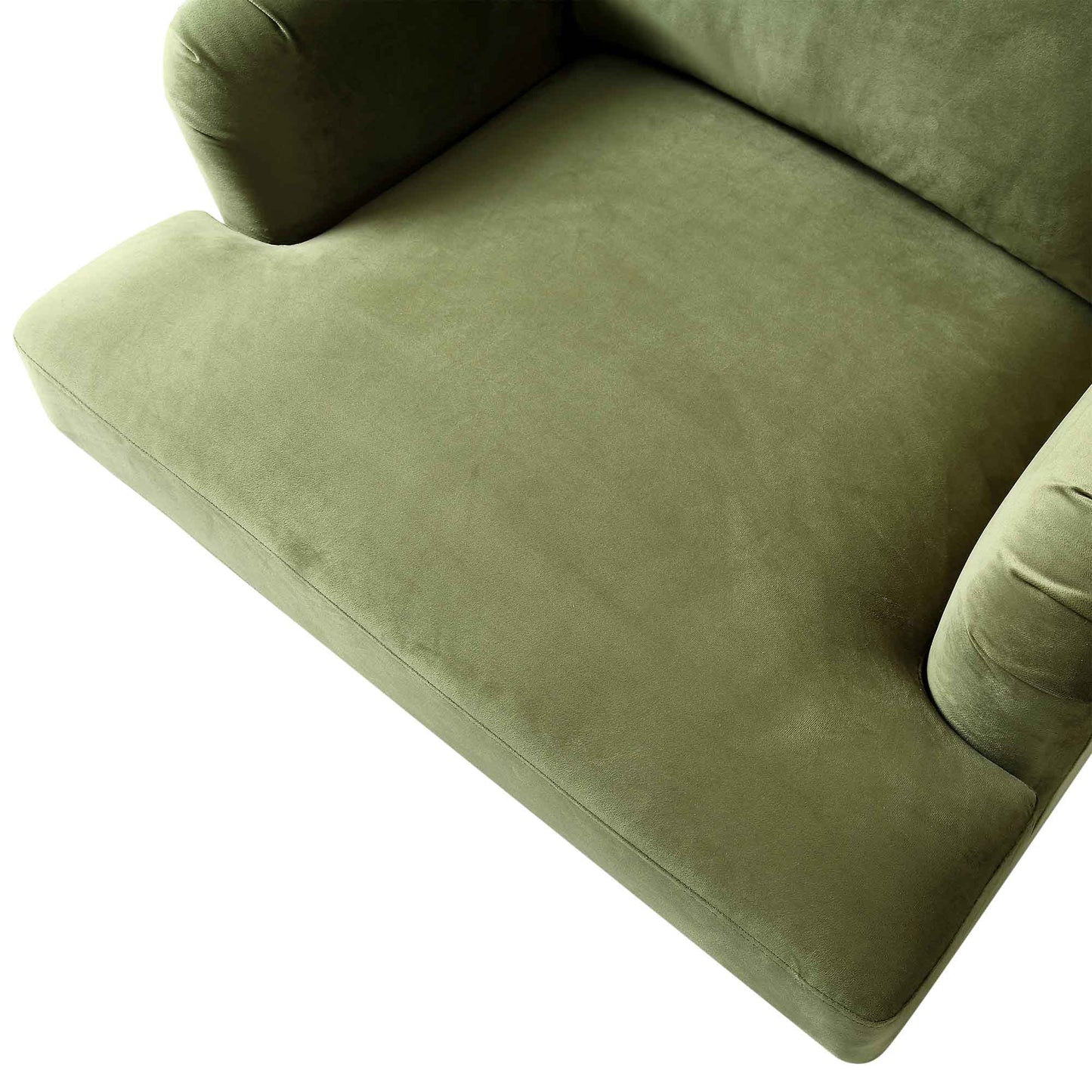 Fauteuil Brigette en velours vert olive avec pieds à roulettes en laiton antique