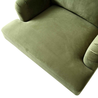 Fauteuil Brigette en velours vert olive avec pieds à roulettes en laiton antique