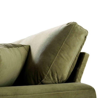Canapé 3 places Brigette en velours vert olive avec pieds à roulettes en laiton antique