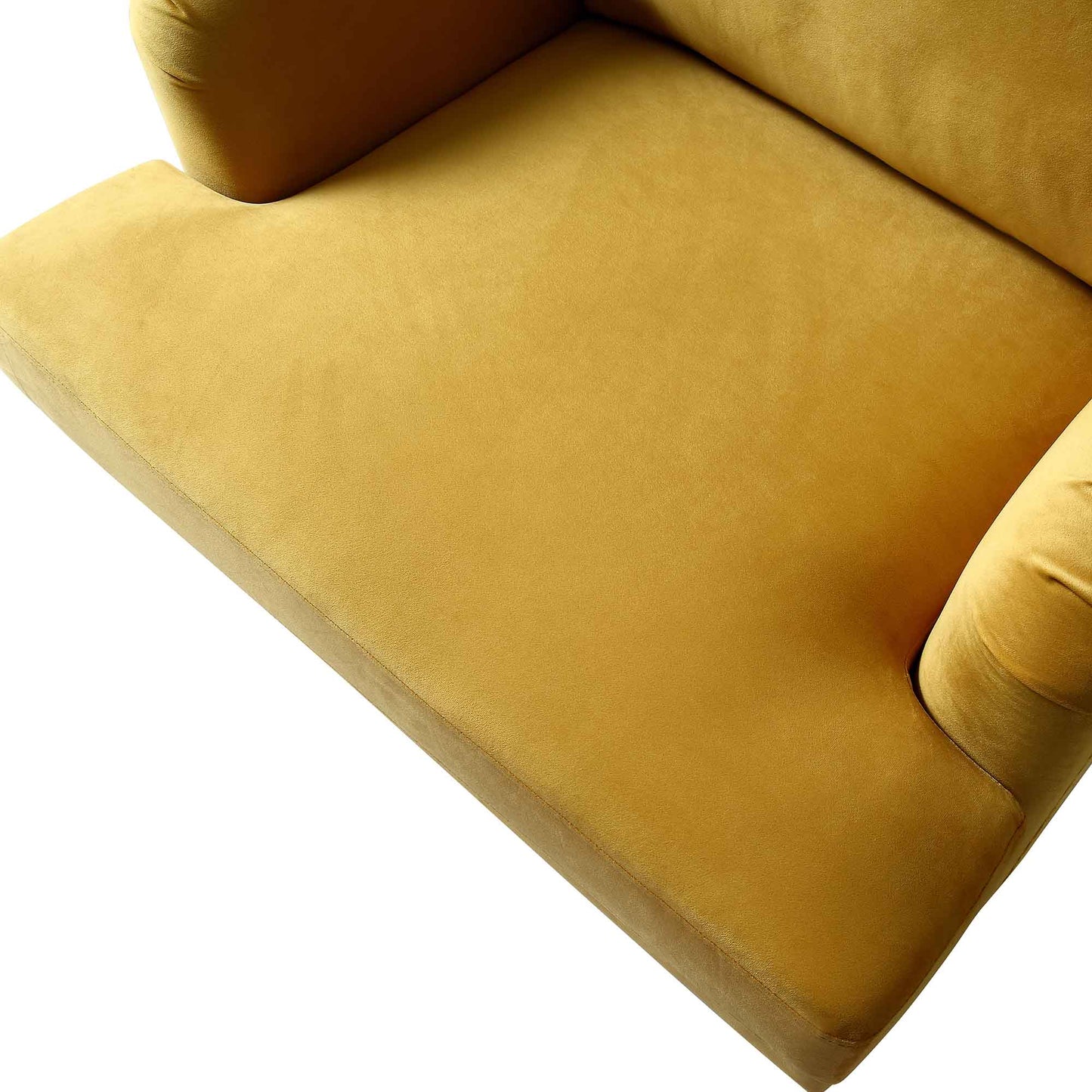 Fauteuil Brigette en velours moutarde avec pieds à roulettes en laiton antique