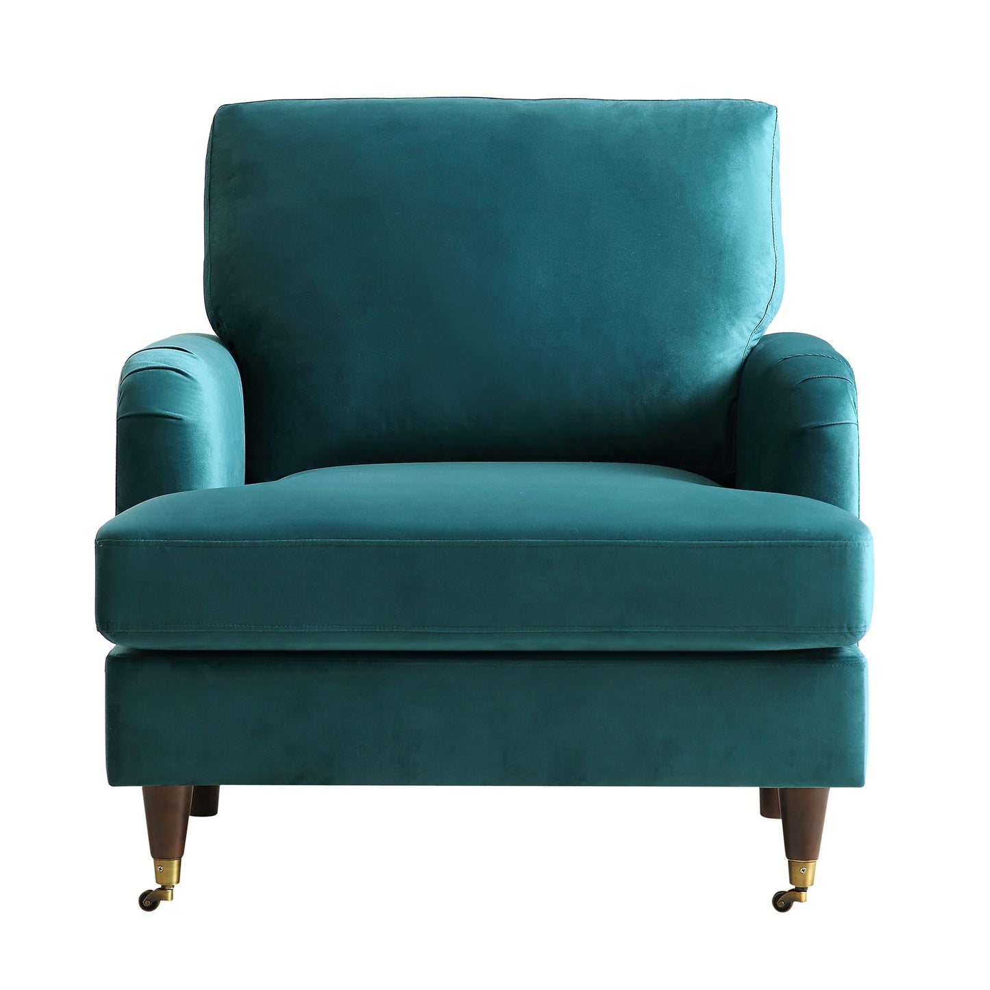 Fauteuil Brigette en velours bleu sarcelle avec pieds à roulettes en laiton antique
