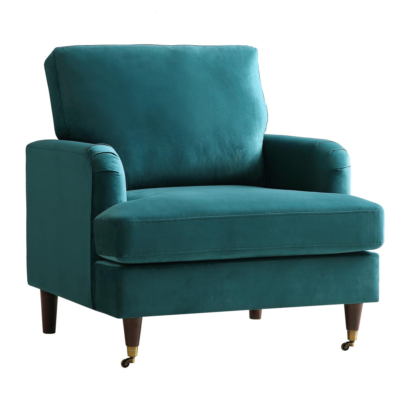 Fauteuil Brigette en velours bleu sarcelle avec pieds à roulettes en laiton antique