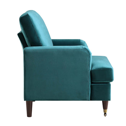 Fauteuil Brigette en velours bleu sarcelle avec pieds à roulettes en laiton antique