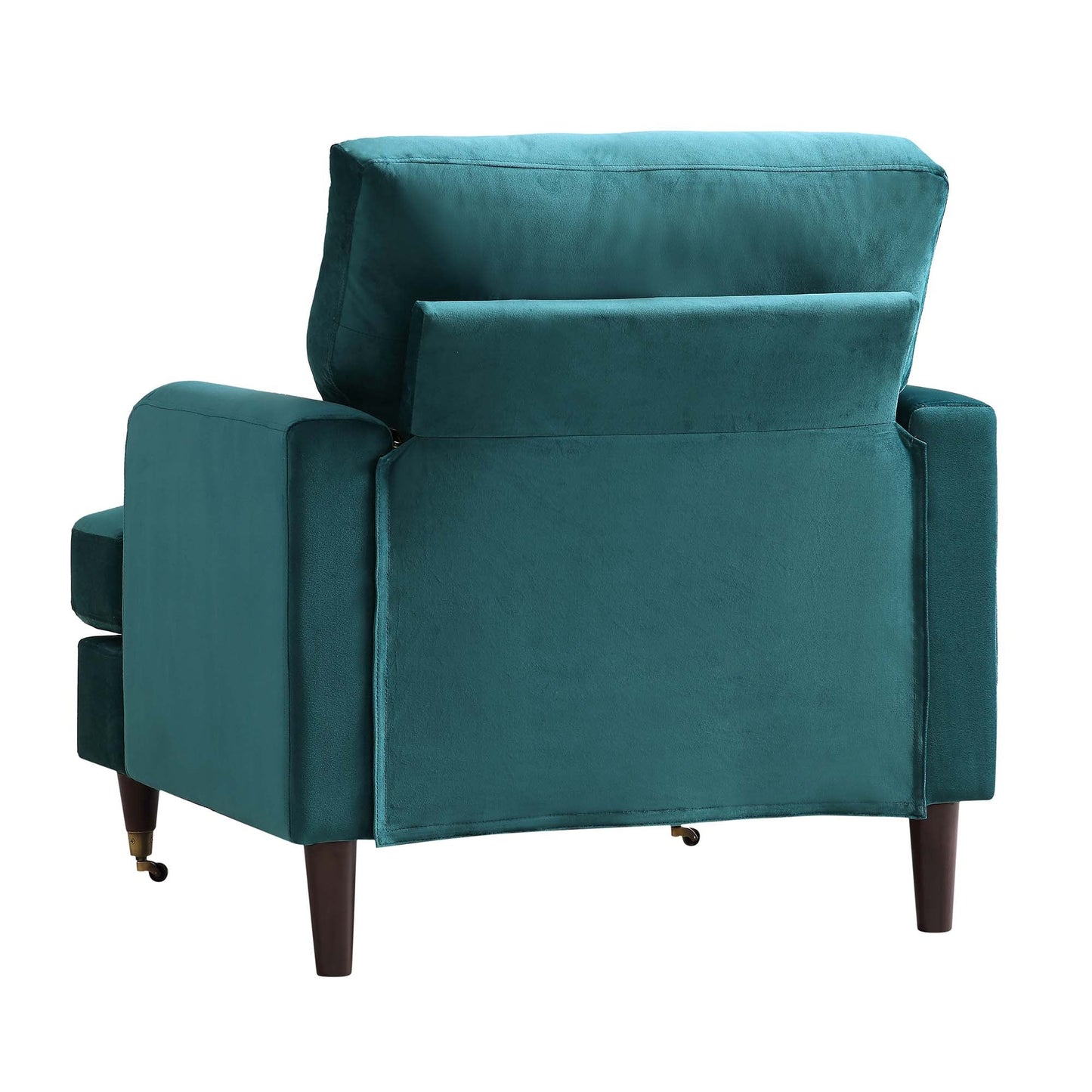 Fauteuil Brigette en velours bleu sarcelle avec pieds à roulettes en laiton antique