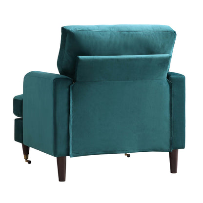 Fauteuil Brigette en velours bleu sarcelle avec pieds à roulettes en laiton antique