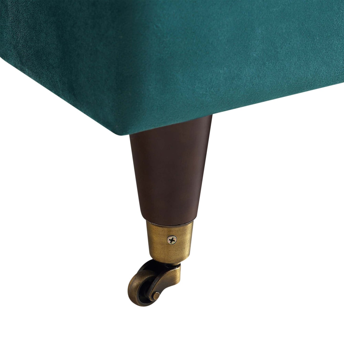 Fauteuil Brigette en velours bleu sarcelle avec pieds à roulettes en laiton antique