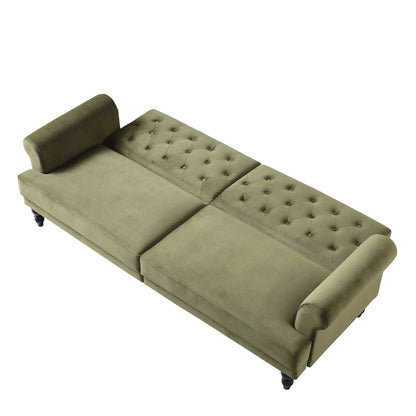 Canapé-lit Chesterfield 3 places Hanney en velours vert mousse