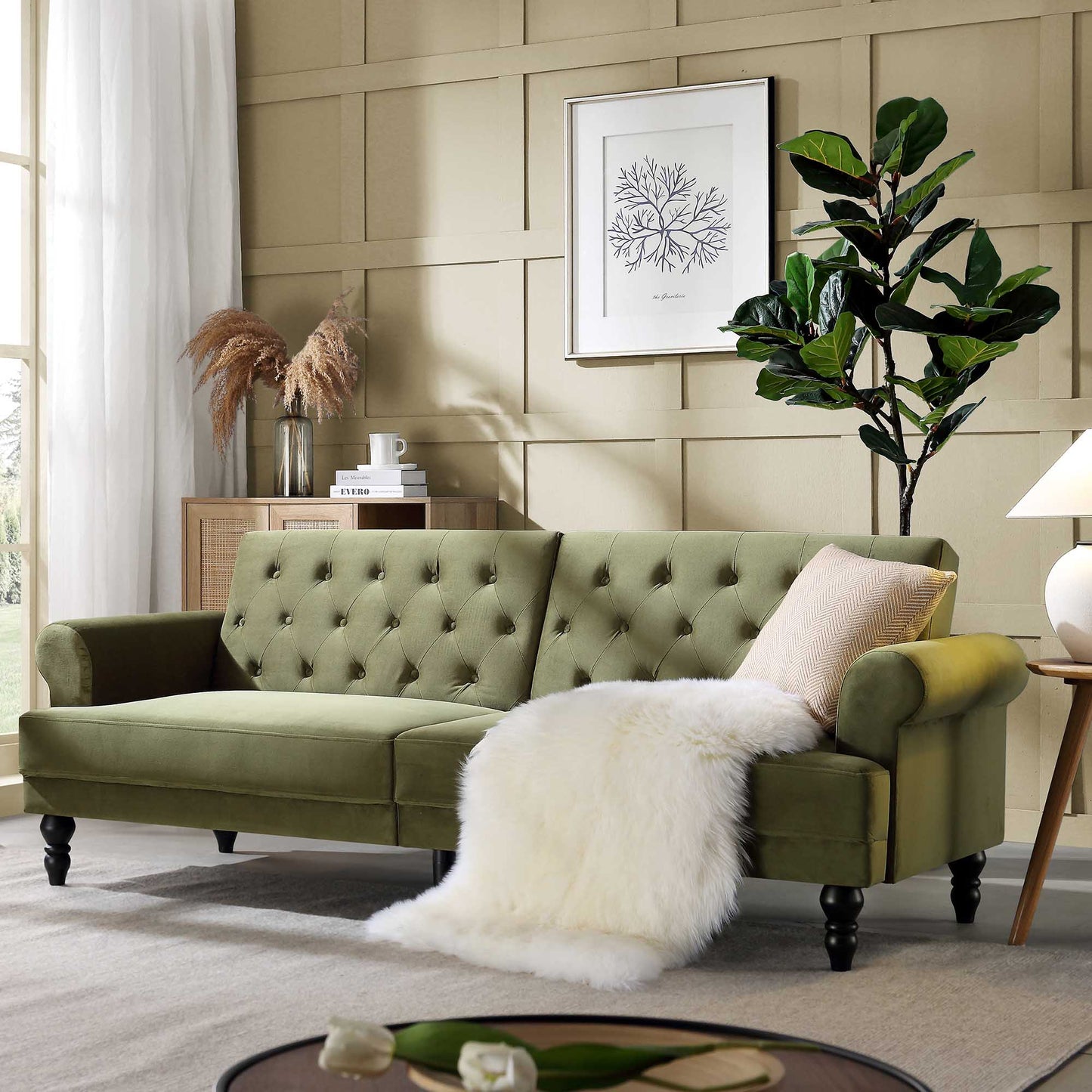 Canapé-lit Chesterfield 3 places Hanney en velours vert mousse