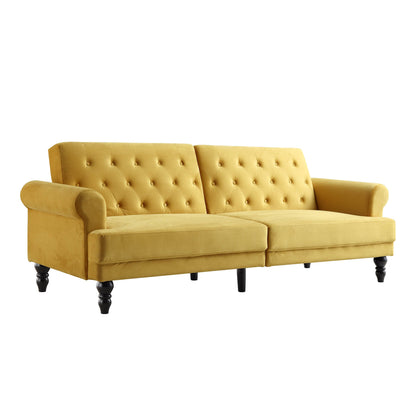 Canapé-lit Chesterfield 3 places Hanney en velours jaune moutarde