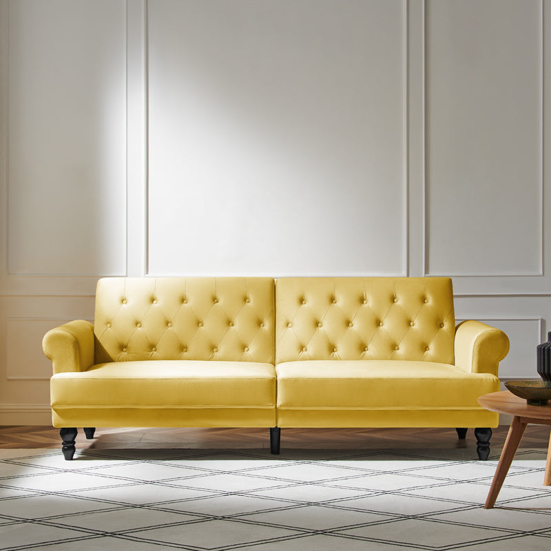 Canapé-lit Chesterfield 3 places Hanney en velours jaune moutarde