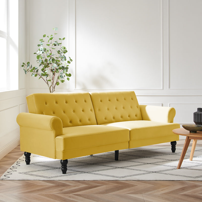 Canapé-lit Chesterfield 3 places Hanney en velours jaune moutarde