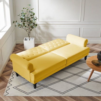 Canapé-lit Chesterfield 3 places Hanney en velours jaune moutarde