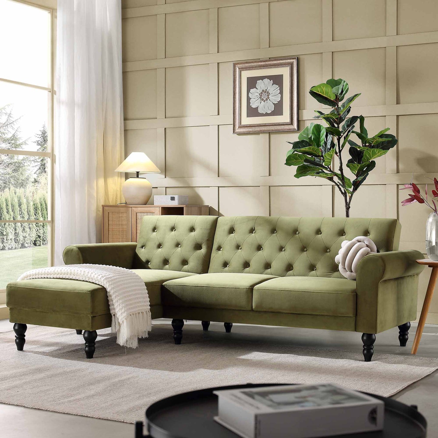 Canapé-lit Chesterfield Hanney en velours vert mousse