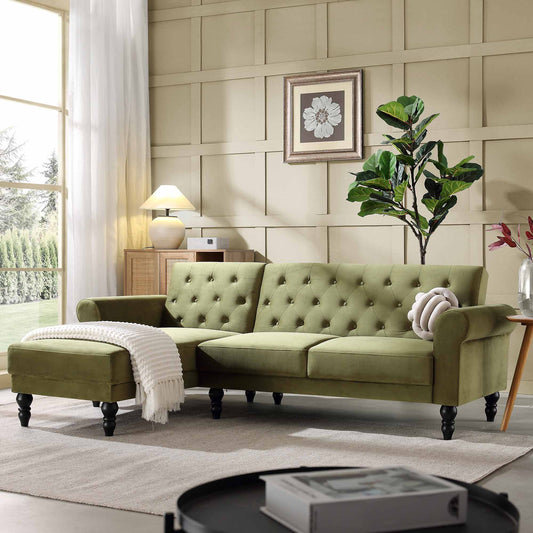 Canapé-lit Chesterfield Hanney en velours vert mousse