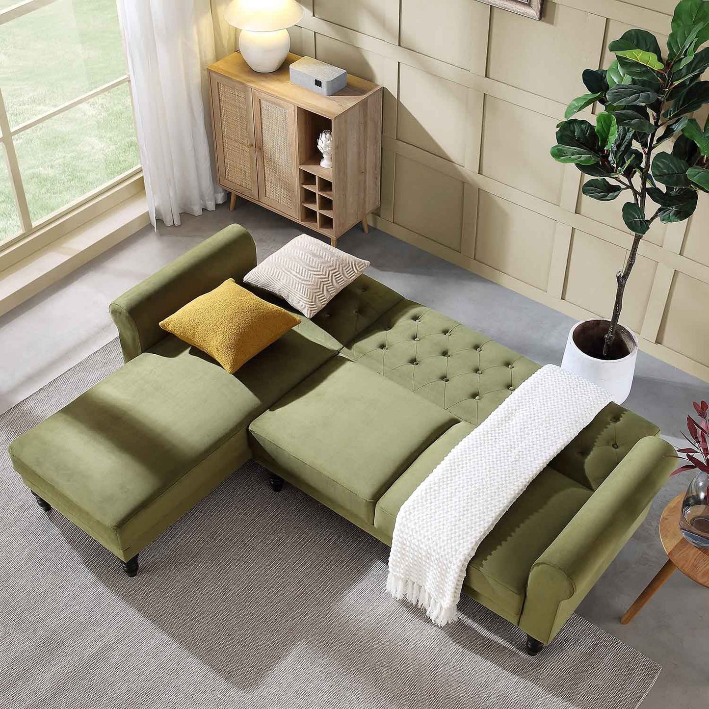 Canapé-lit Chesterfield Hanney en velours vert mousse