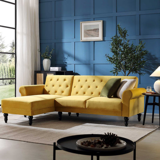 Canapé-lit Chesterfield Hanney en velours jaune moutarde