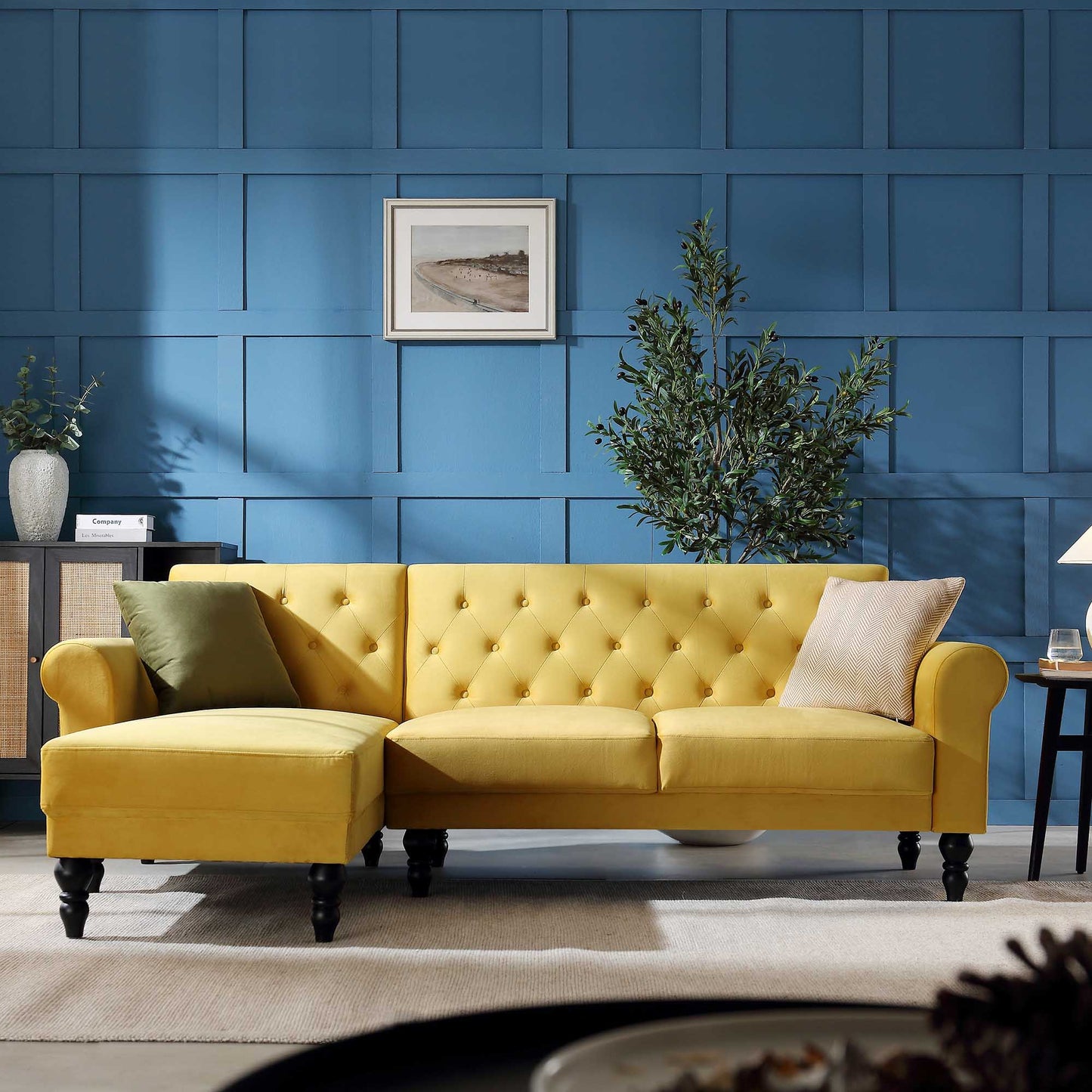 Canapé-lit Chesterfield Hanney en velours jaune moutarde