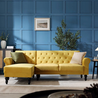 Canapé-lit Chesterfield Hanney en velours jaune moutarde