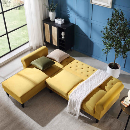 Canapé-lit Chesterfield Hanney en velours jaune moutarde