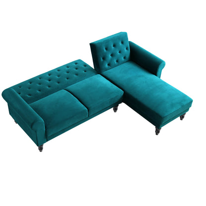 Canapé-lit méridienne Chesterfield Hanney en velours bleu sarcelle